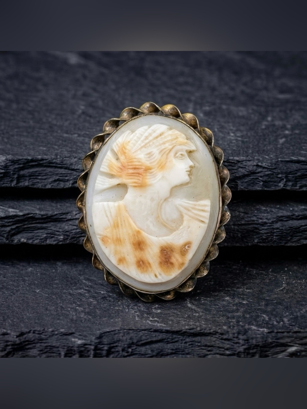 Antique 1910s Carved Shell Greek Athena Warrior Vermeil Sterling Silver Brooch